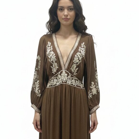 Max Studio Flowy Maxi Dress Brown White Floral Embroidery Festival Bohemian M - Picture 3 of 9